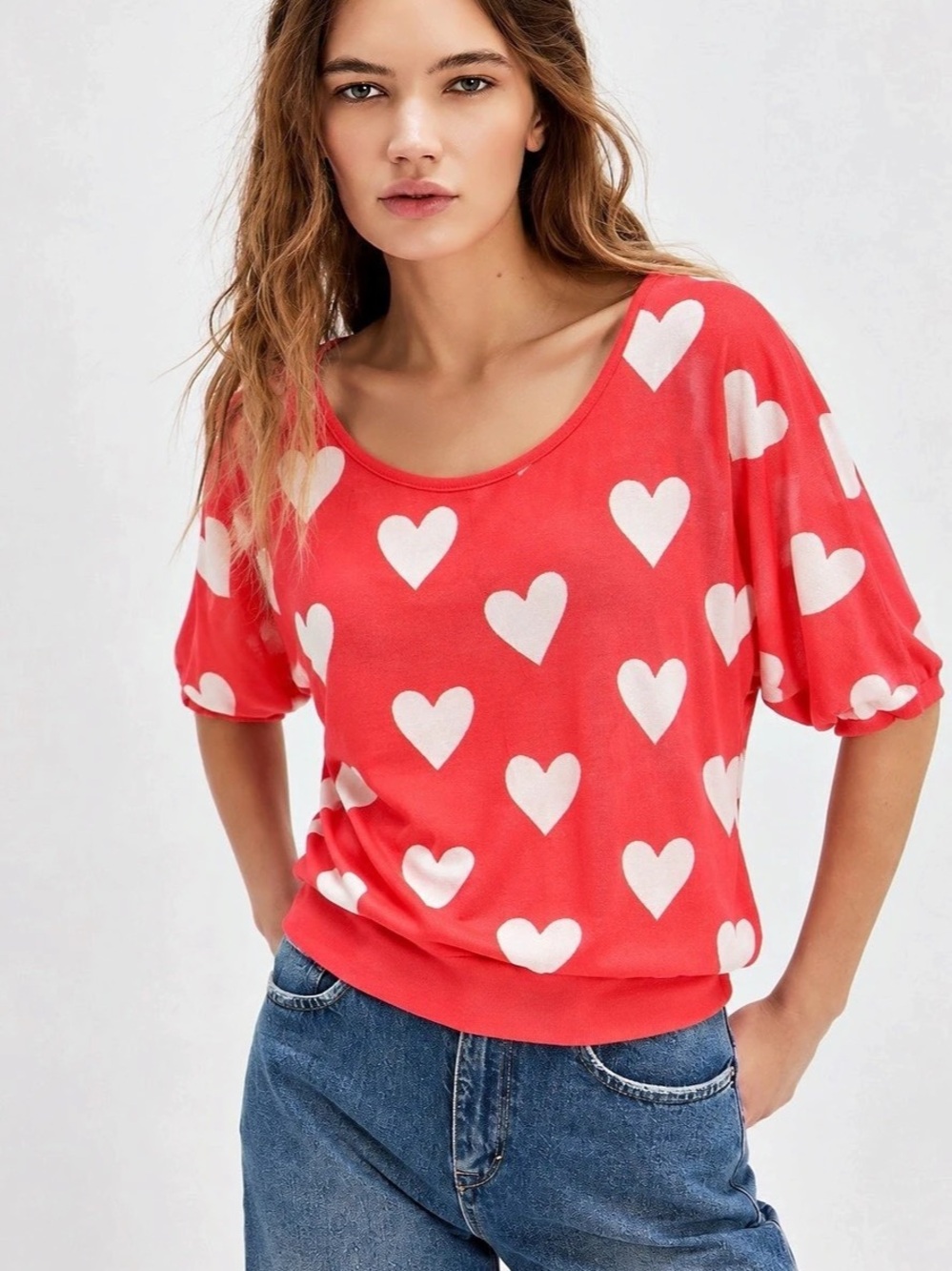 423. rue21 Heart Print Short Sleeve Top in Red & White Size XL